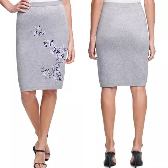 Calvin Klein Floral Print Sweater Pencil Skirt NWT Size M Pull-On Gray Purple - Picture 1 of 11